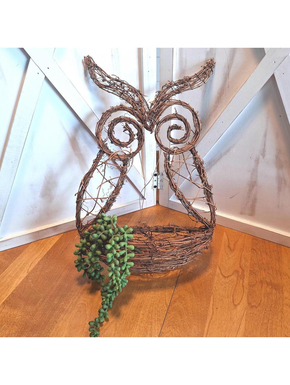 VTG Twig Branch Owl Shaped Planter Hanging Basket w/Faux Greenery Boho 16.5"H
